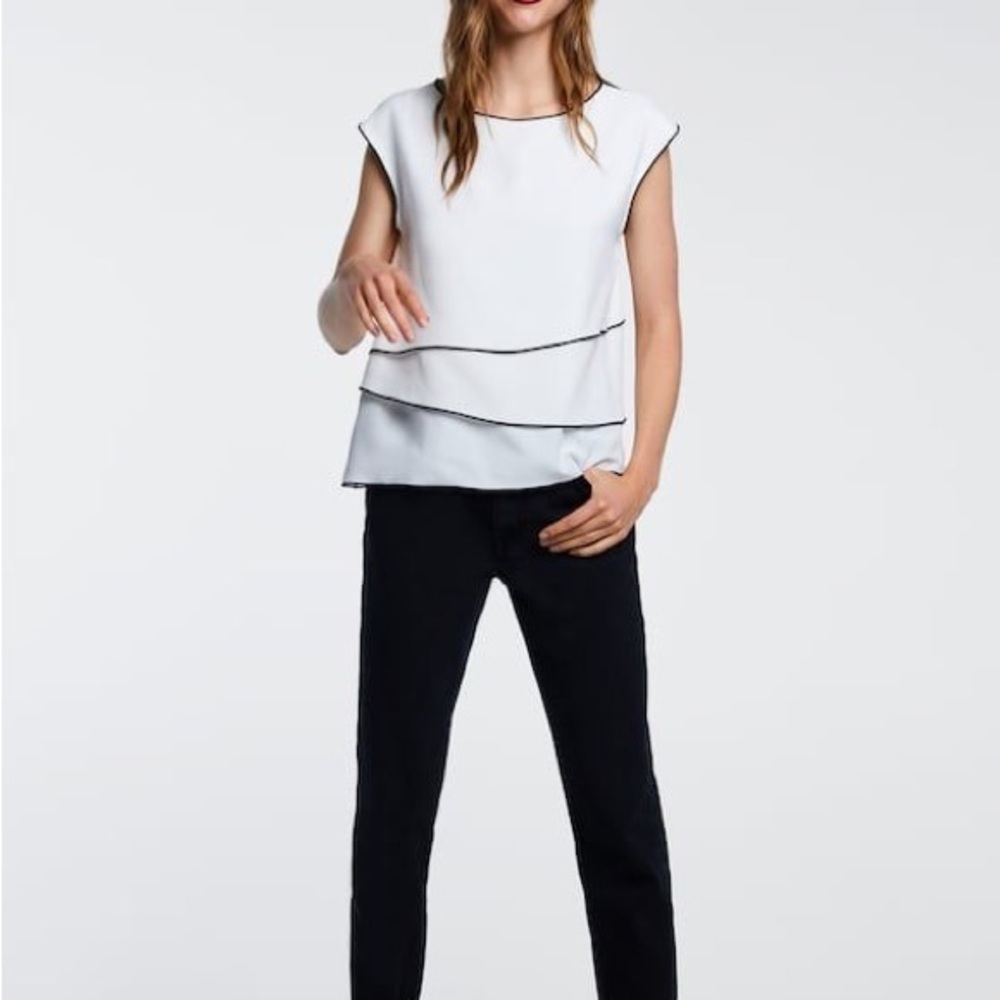 Zara White Layer with Black Trim Piping Blouse Top Small NWT